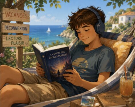 Un jeune garçon lit son livre sur le hamac.